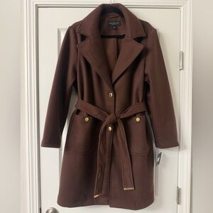 NWT Marc New York Women’s Brown Single Breasted Belted Coat Gold Tone Buttons